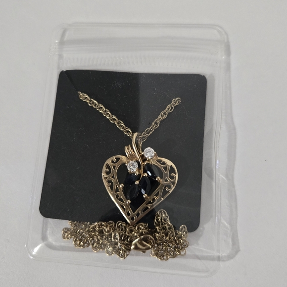 GOLD TONE SAPPHIRE AND CZ HEART SHAPE PENDANT WITH CHAIN - Picture 6 of 6
